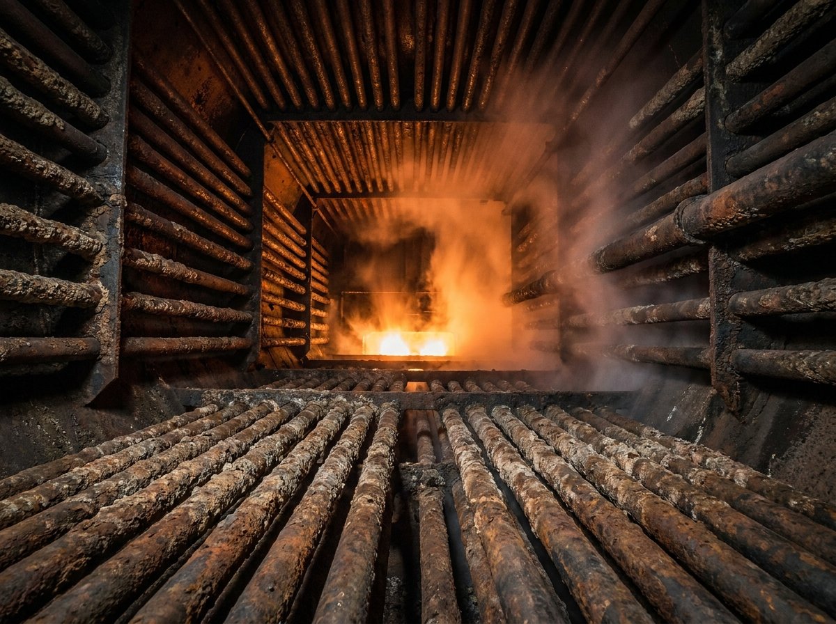 Industrial boiler tubes showing mineral scale deposits on internal heating surfaces