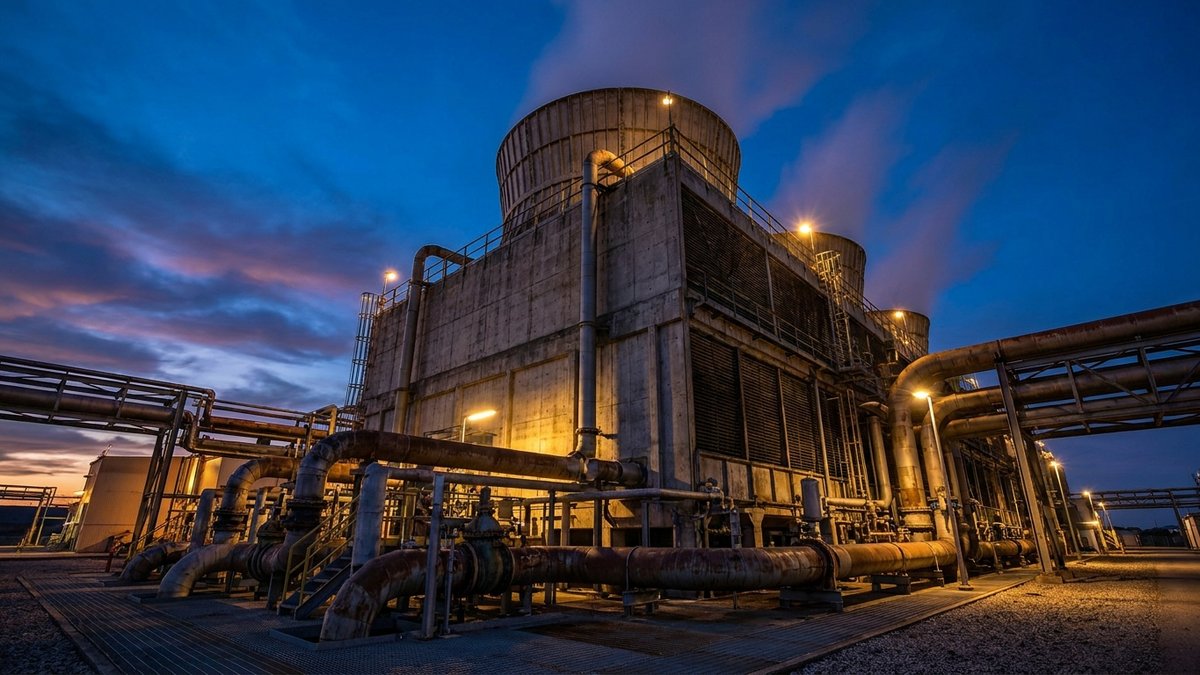 Industrial cooling tower with steam rising at dusk