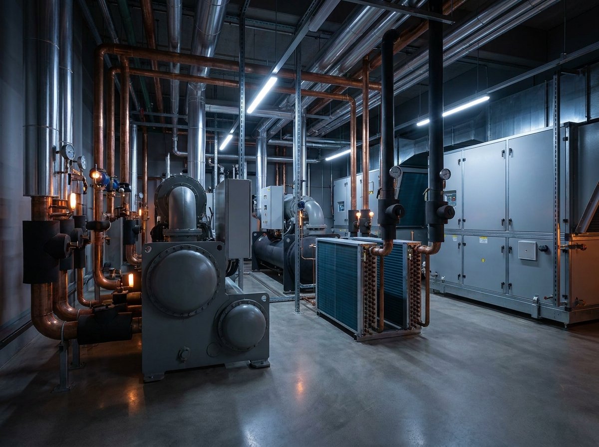 Commercial HVAC plant room showing chiller units and extensive pipework network