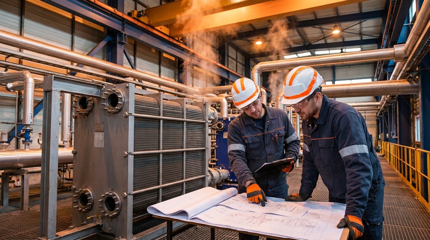 Industrial professionals reviewing technical documentation beside heat exchanger equipment in a manufacturing facility