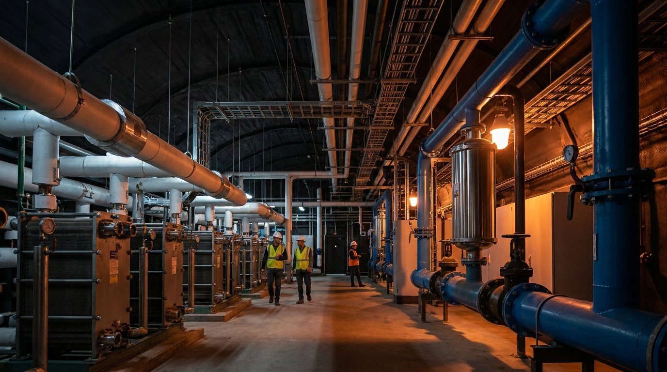 Commercial plant room with cooling and HVAC pipework showing an in-line water conditioning unit integrated into the existing pipeline