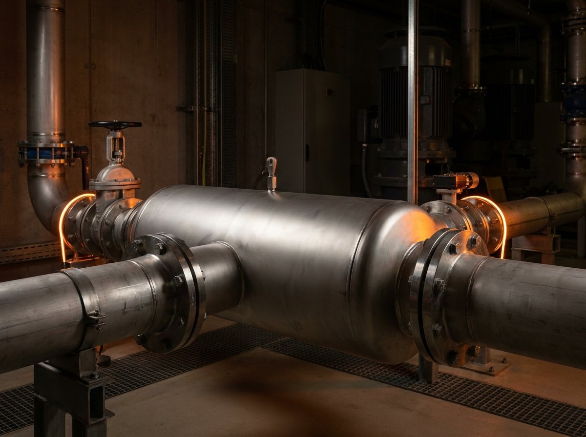 Stainless steel PV WCS in-line conditioning unit installed between pipe flanges in an industrial plant room