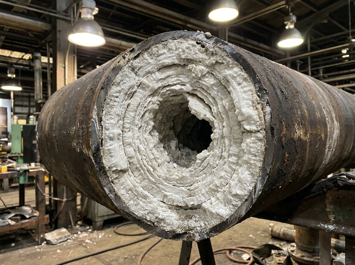 Cross-section of an industrial pipe showing thick white calcium scale deposits coating the interior walls and restricting water flow