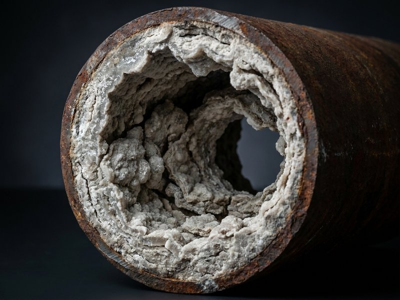 Industrial pipe cross-section showing severe hard-water scale buildup on interior walls