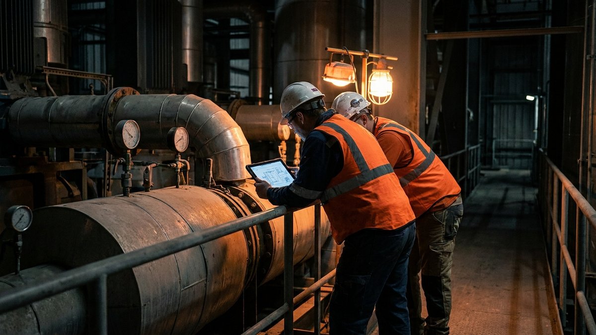 Engineers reviewing technical documentation for water system assessment